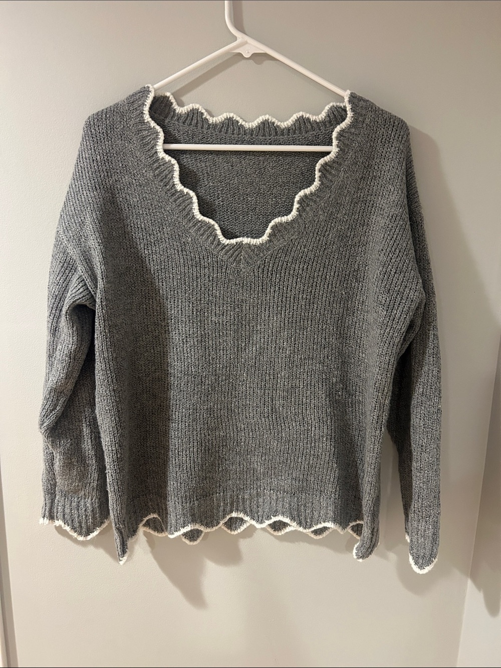 SHEIN Gray V-Neck Sweater with White Scalloped Trim